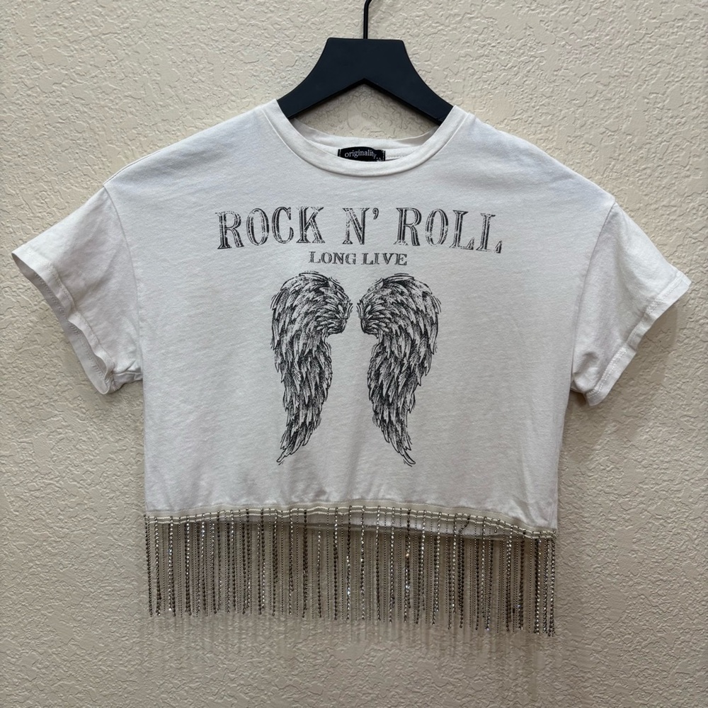 Long Live Rock & Roll Cropped Rhinestone Baby Tee Size Small Festival Boho
